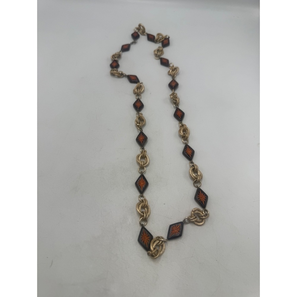 Vintage Gold Tone Starburst Carved Wood Diamond Bead Long Chain Necklace 32"